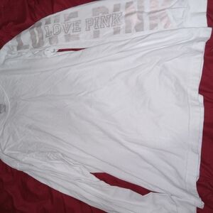 PINK Victoria's Secret White Crew Neck Long Sleeve Tee Metallic Spellout Sz S